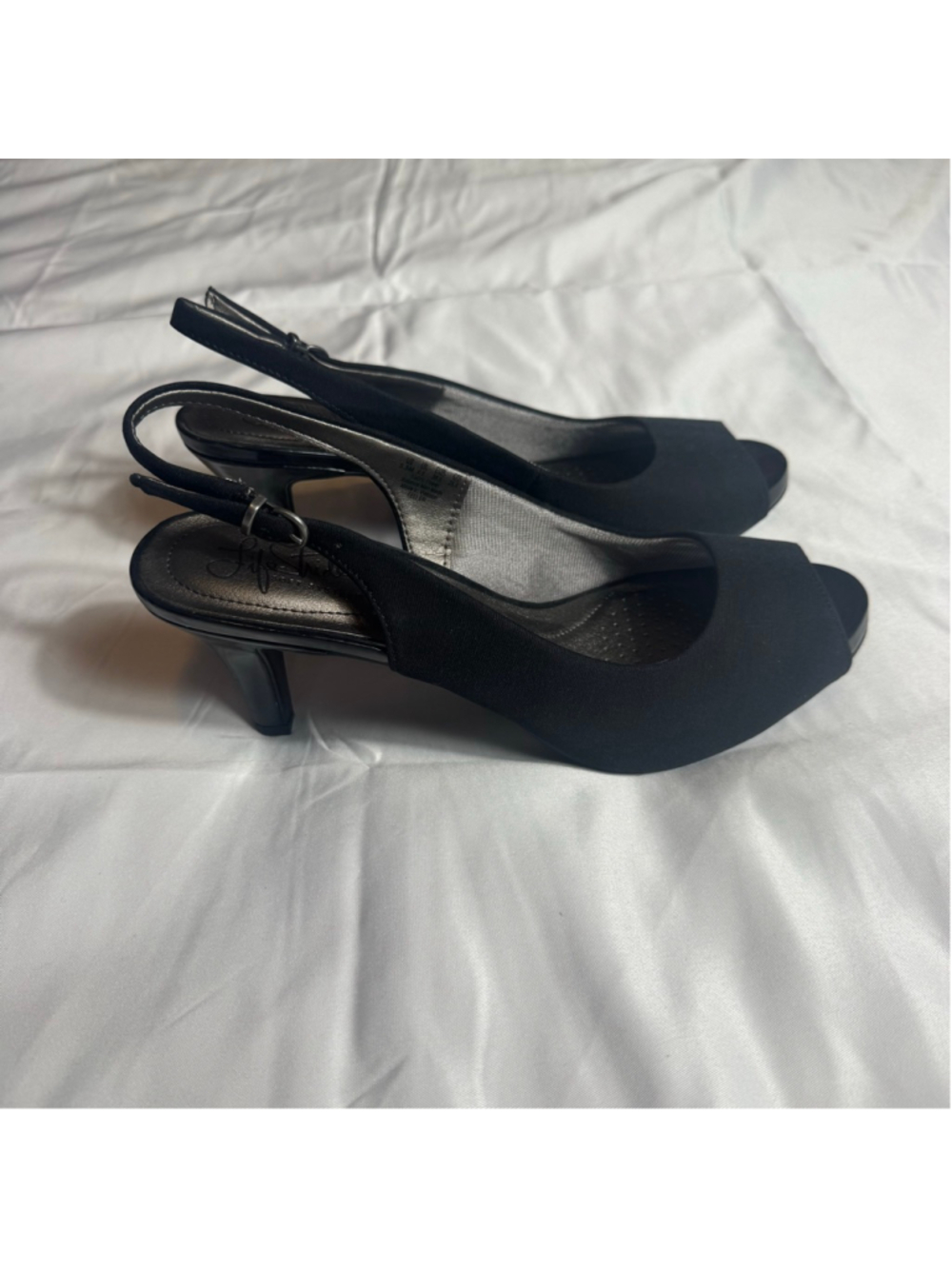 Women's Life Stride Black Slingback Peep Toe Heels Size 8.5